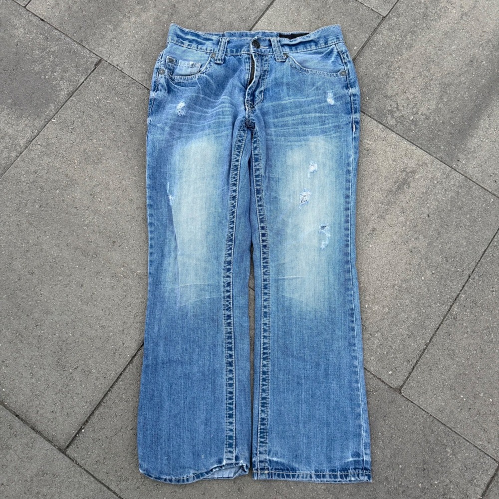 Axel Wolcott Vintage Bootcut Distressed Jeans Mens 30x30 Light Wash Blue Denim